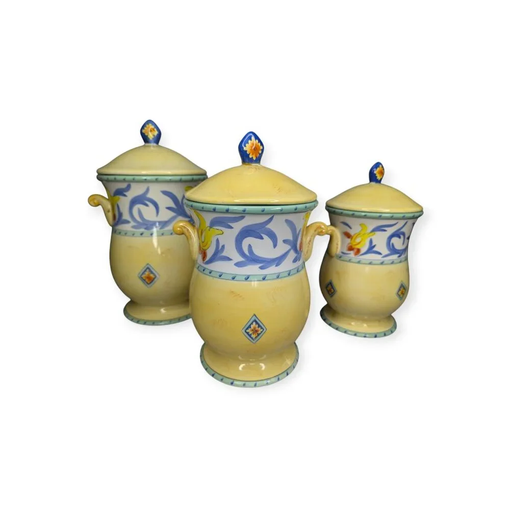Set of 3 Karidesign Desert Ridge Imports Canisters-Yellow w/Floral Design